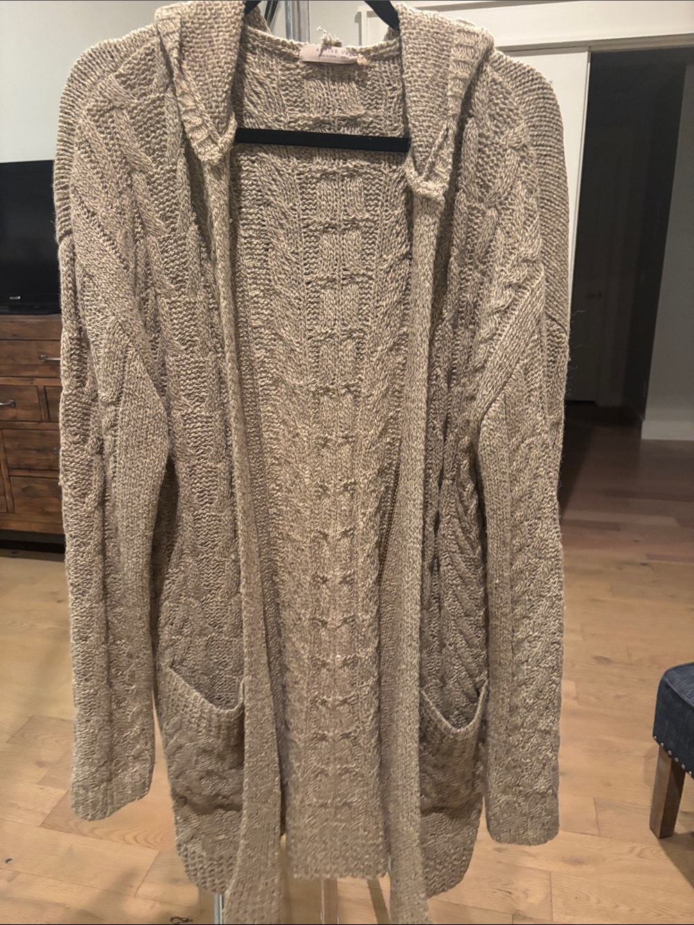 Active USA Beige Hooded Cable Knit Cardigan
